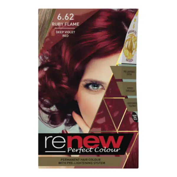 Front of Renew Perfect Colour 6.62 Ruby Flame permanent hair colour box