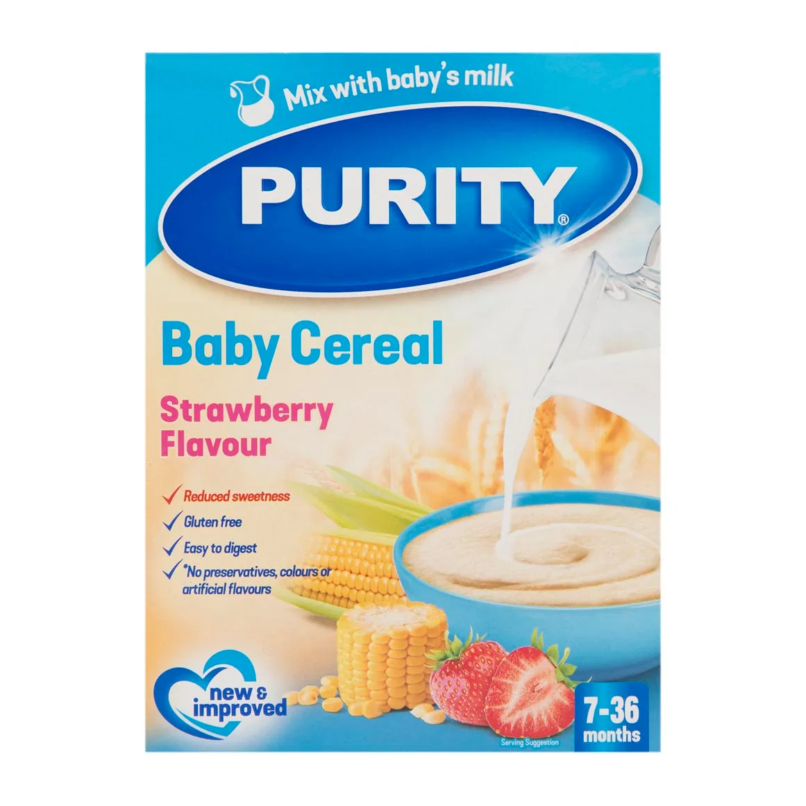 Front of Purity Baby Cereal Strawberry Flavour 200g box