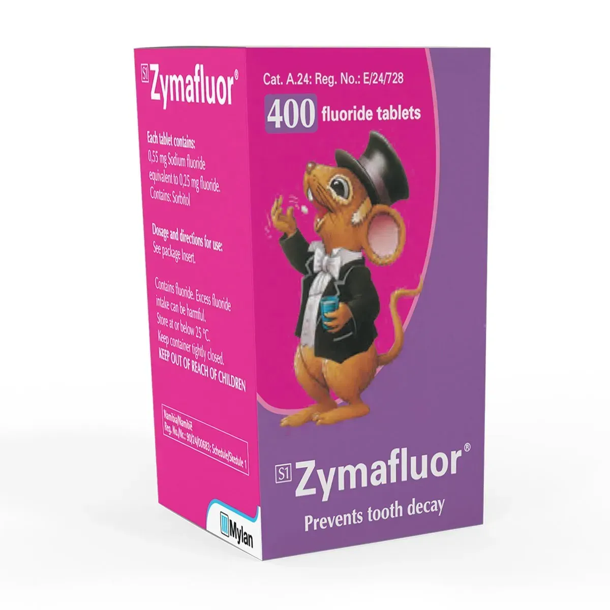Angled view of Zymafluor 300mg fluoride tablets box, 400 tablets, Mylan brand