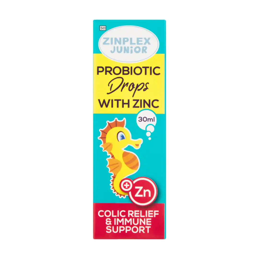 Front of Zinplex Junior Probiotic Drops with Zinc 30 ml box on white background