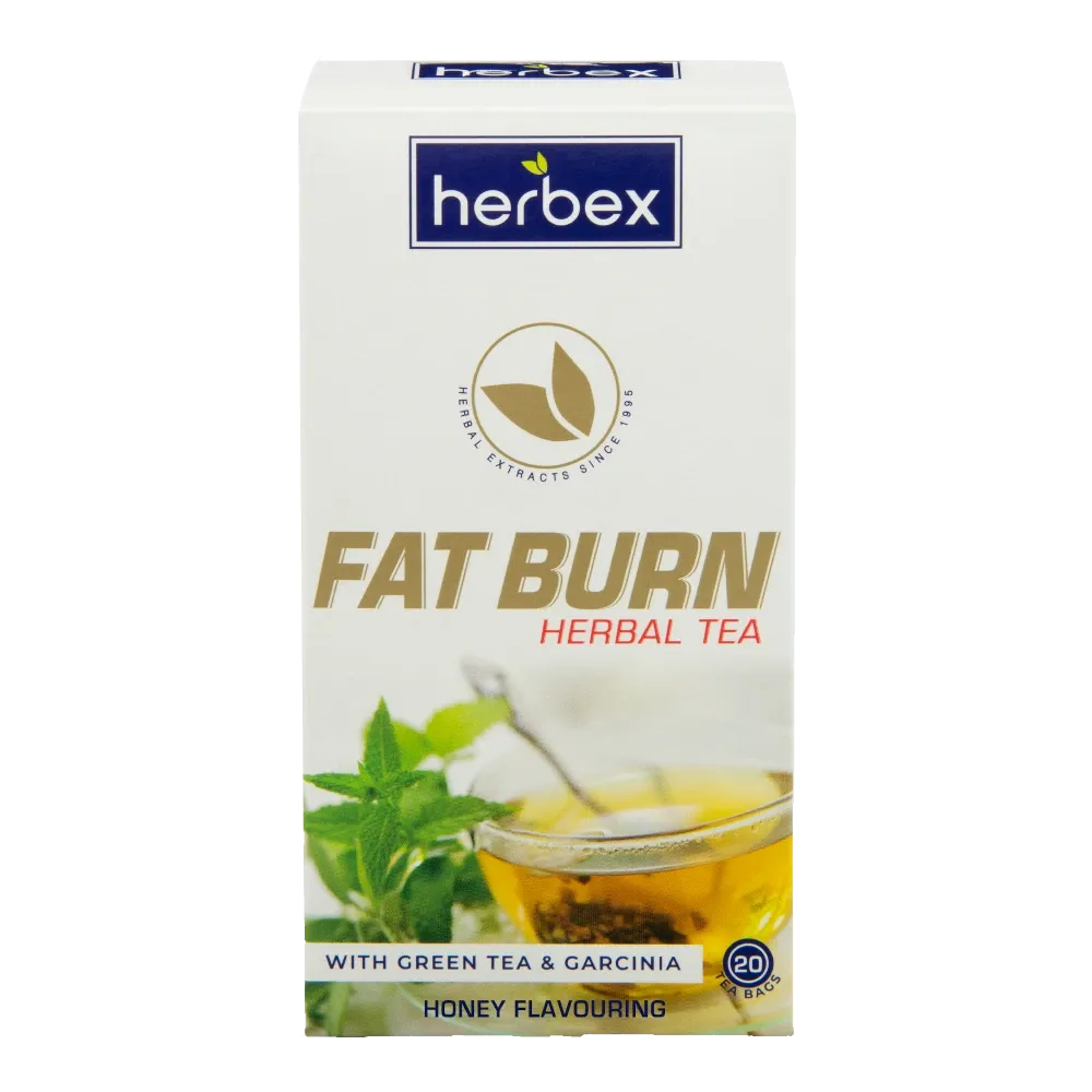 Front of Herbex Fat Burn Herbal Tea Honey Flavouring, 20 tea bags