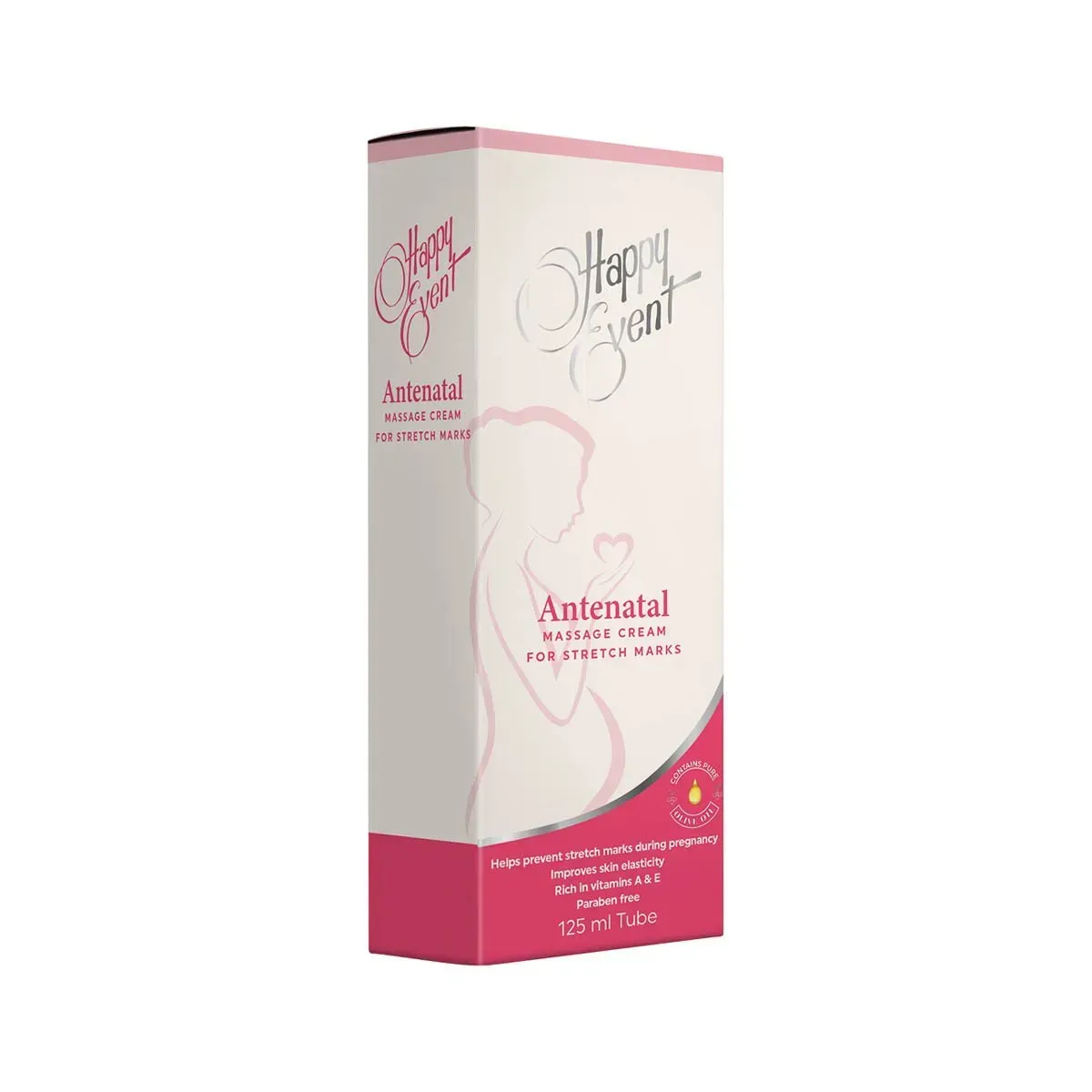 Angled view of AJ North Happy Event Antenatal Massage Cream 125 ml box