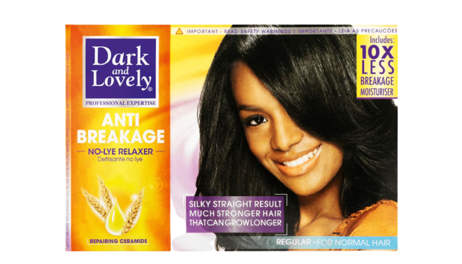 Front of Dark and Lovely Anti-Breakage No-Lye Relaxer kit box, regular for normal hair