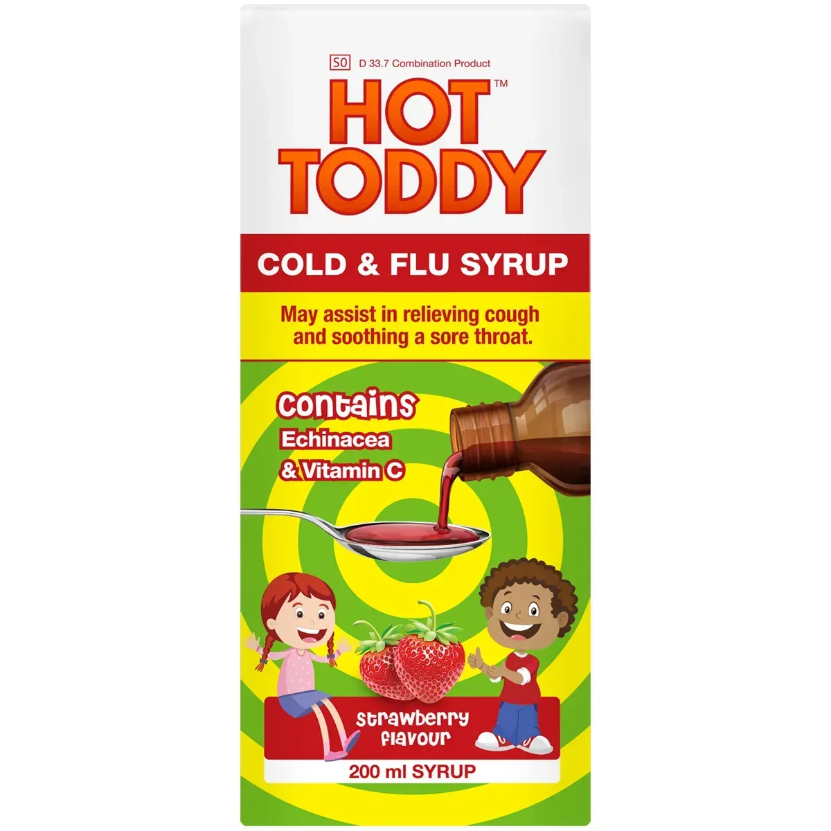Front of Hot Toddy Kids Cold & Flu Cough Syrup Strawberry Flavour 200 ml box