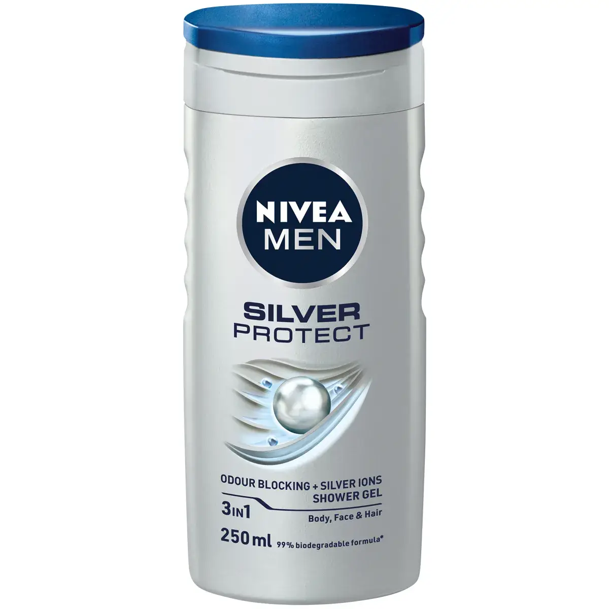 Front of NIVEA Men Silver Protect 3in1 Shower Gel 250 ml bottle