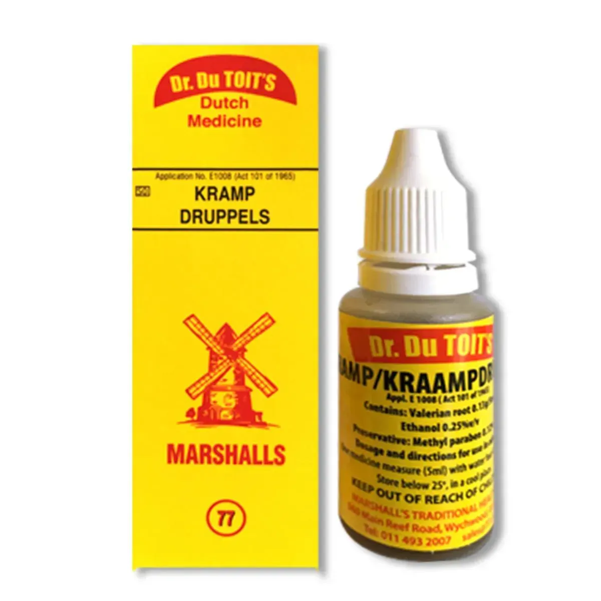 Front of Dr. Du Toit's Kramp/Kraamp Drup box and bottle, Marshalls Traditional Healthcare, 20 ml