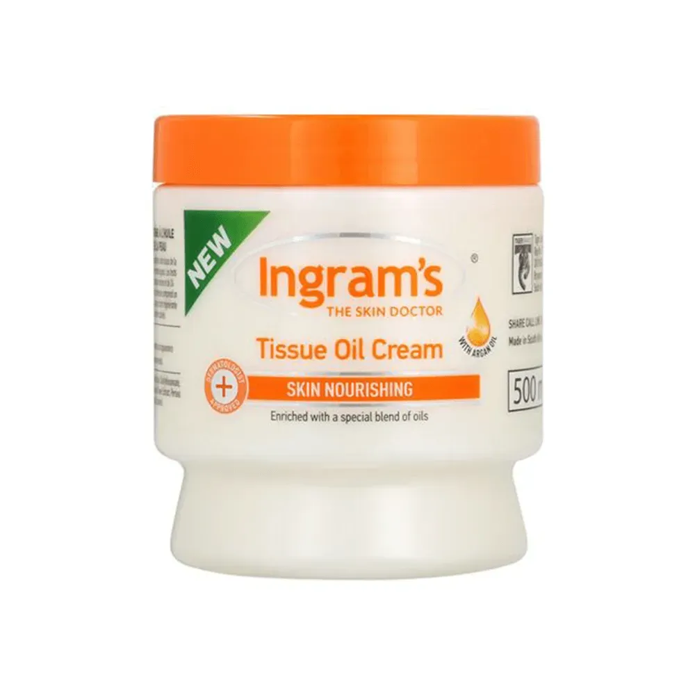 Front of Ingram's Nourishing Tissue Oil Cream jar, 500 ml