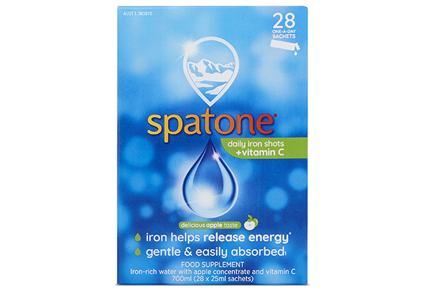 Front of Spatone Apple Daily Iron Shots +Vitamin C, 28 sachets box