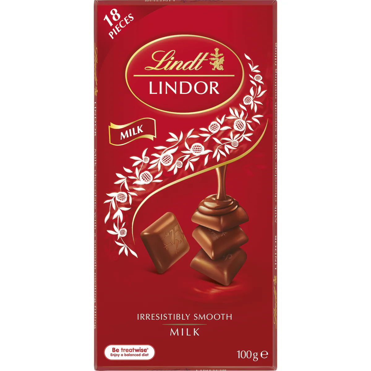 Front of Lindt Lindor Milk Chocolate Block 100g, 18 pieces