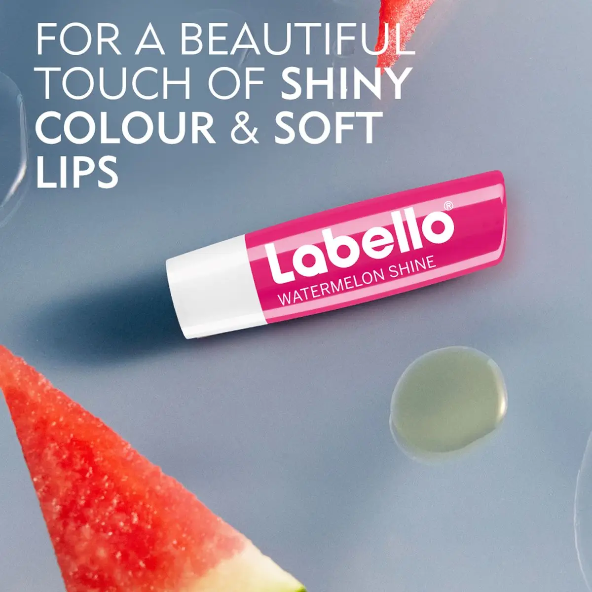 Angled view of Labello Watermelon Shine lip balm stick 4.8 g