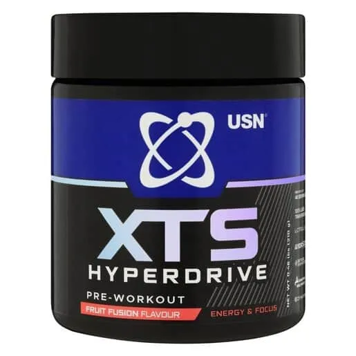 Front of USN XTS Hyperdrive Pre-Workout Fruit Fusion Flavour 210 g tub