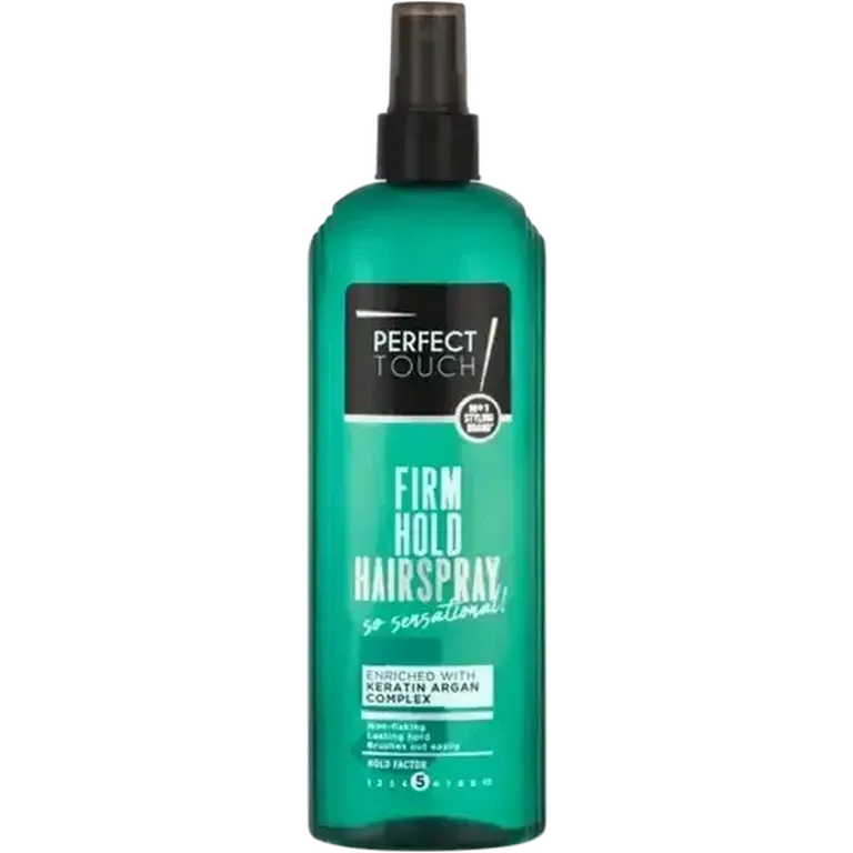 Front of Perfect Touch Firm Hold Hairspray 350ml bottle on white background