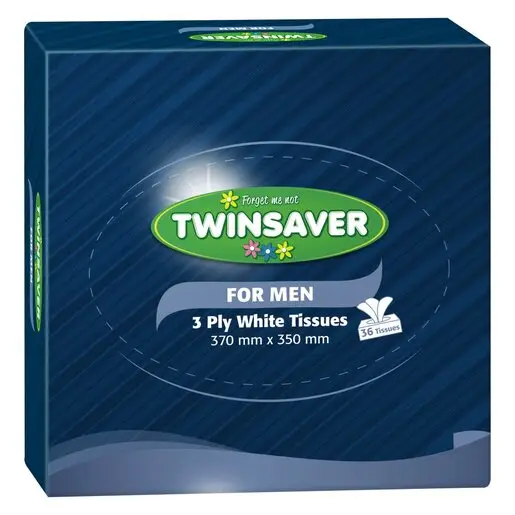Front of Twinsaver For Men 3 Ply White Tissues box, 36 tissues