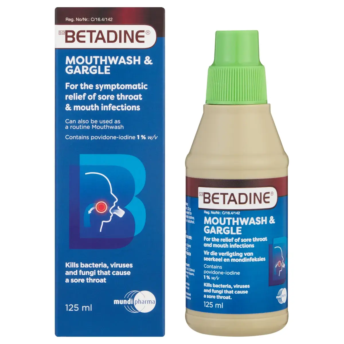 Betadine Mouthwash & Gargle 125 ml box and bottle