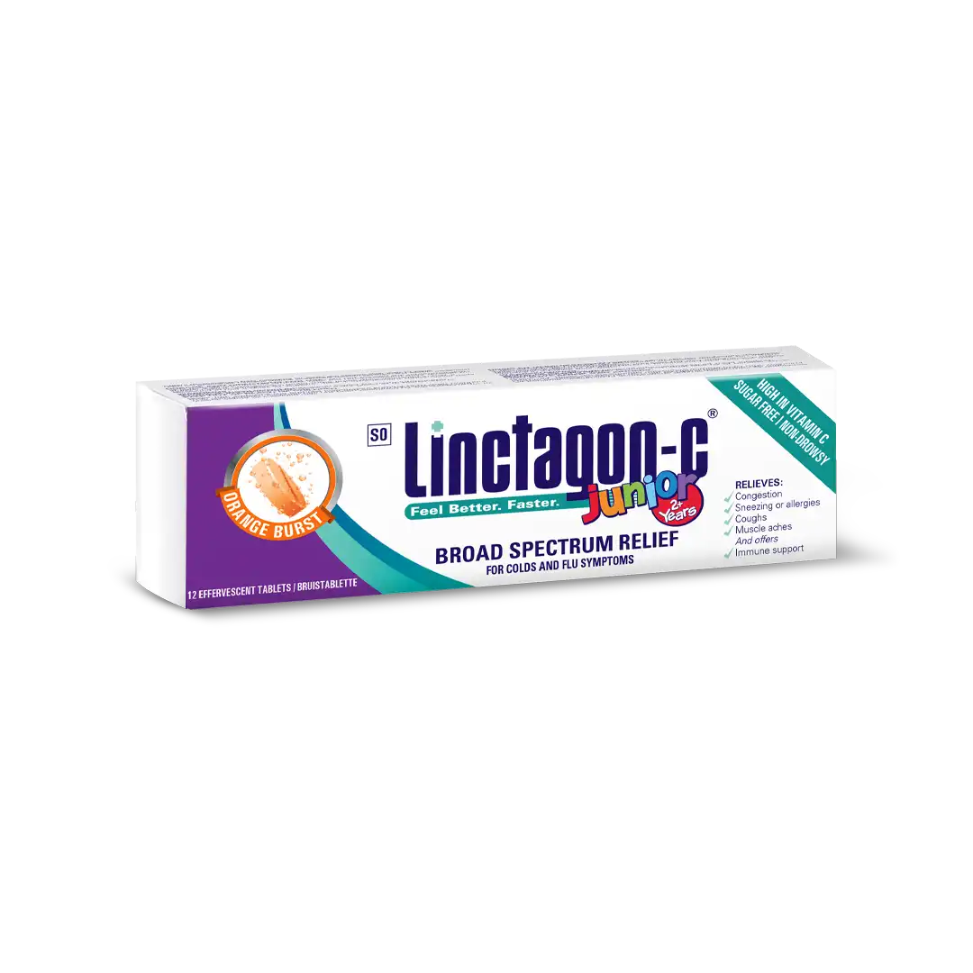 Angled view of Nativa Linctagon-C Junior Orange 12 effervescent tablets box on white background