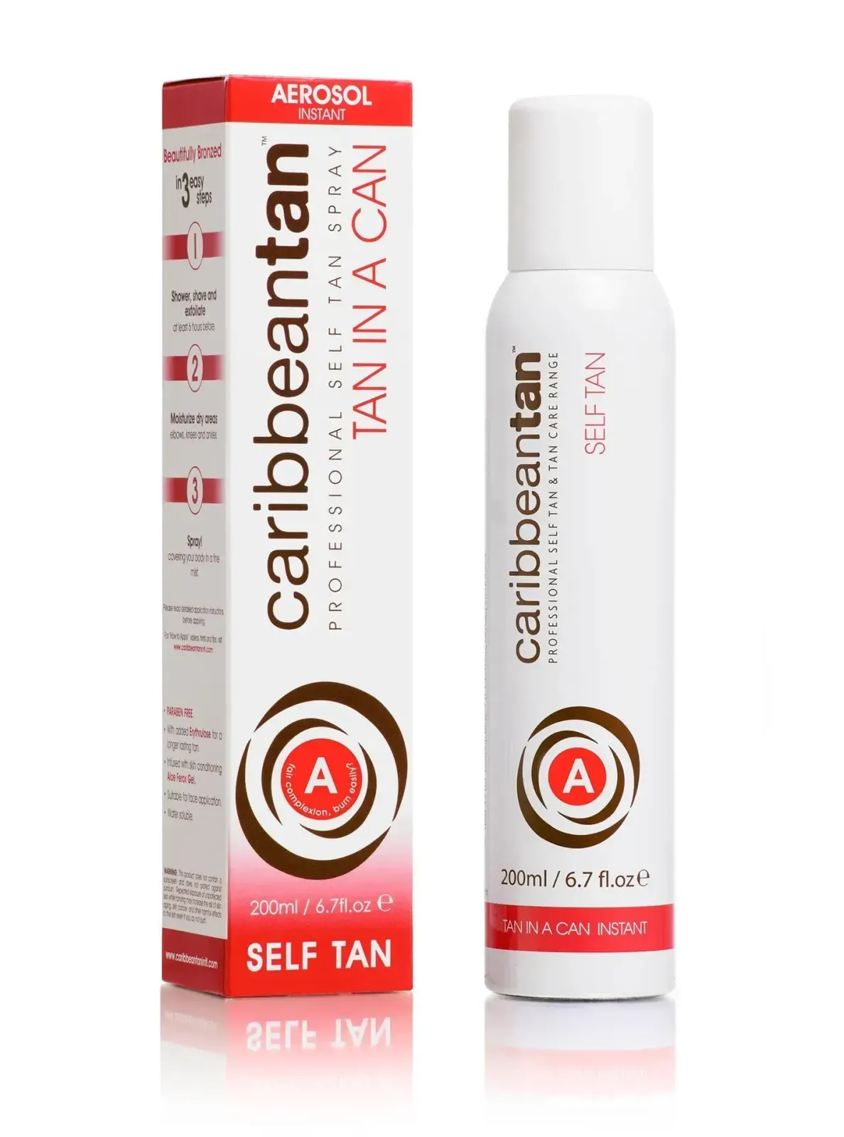 Front of Caribbean Tan Instant Self Tan Aerosol Spray box and can, 200 ml