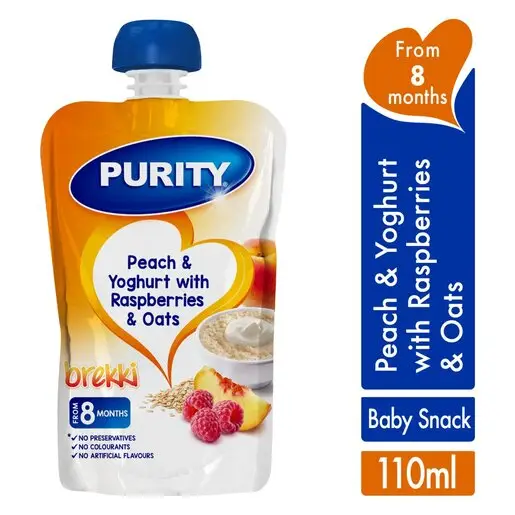 Front of Purity Breakfast Peach & Yoghurt with Raspberries & Oats pouch, 110ml