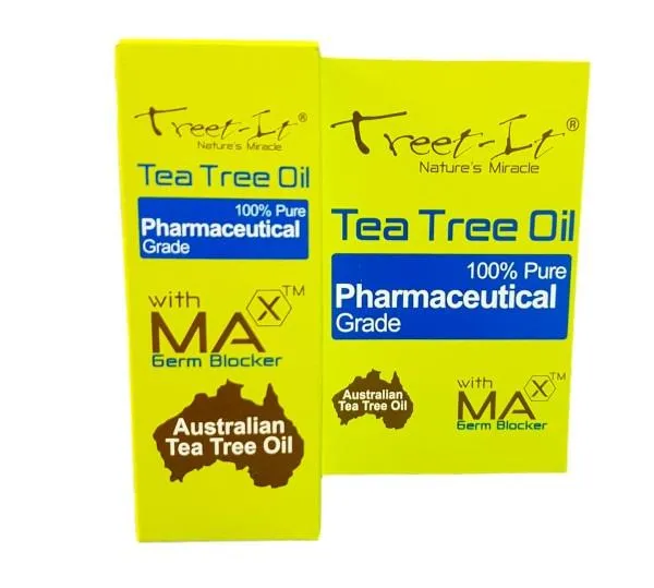 Front and side view of Treet-It Pure Tea Tree Oil 12ml pharmaceutical grade box