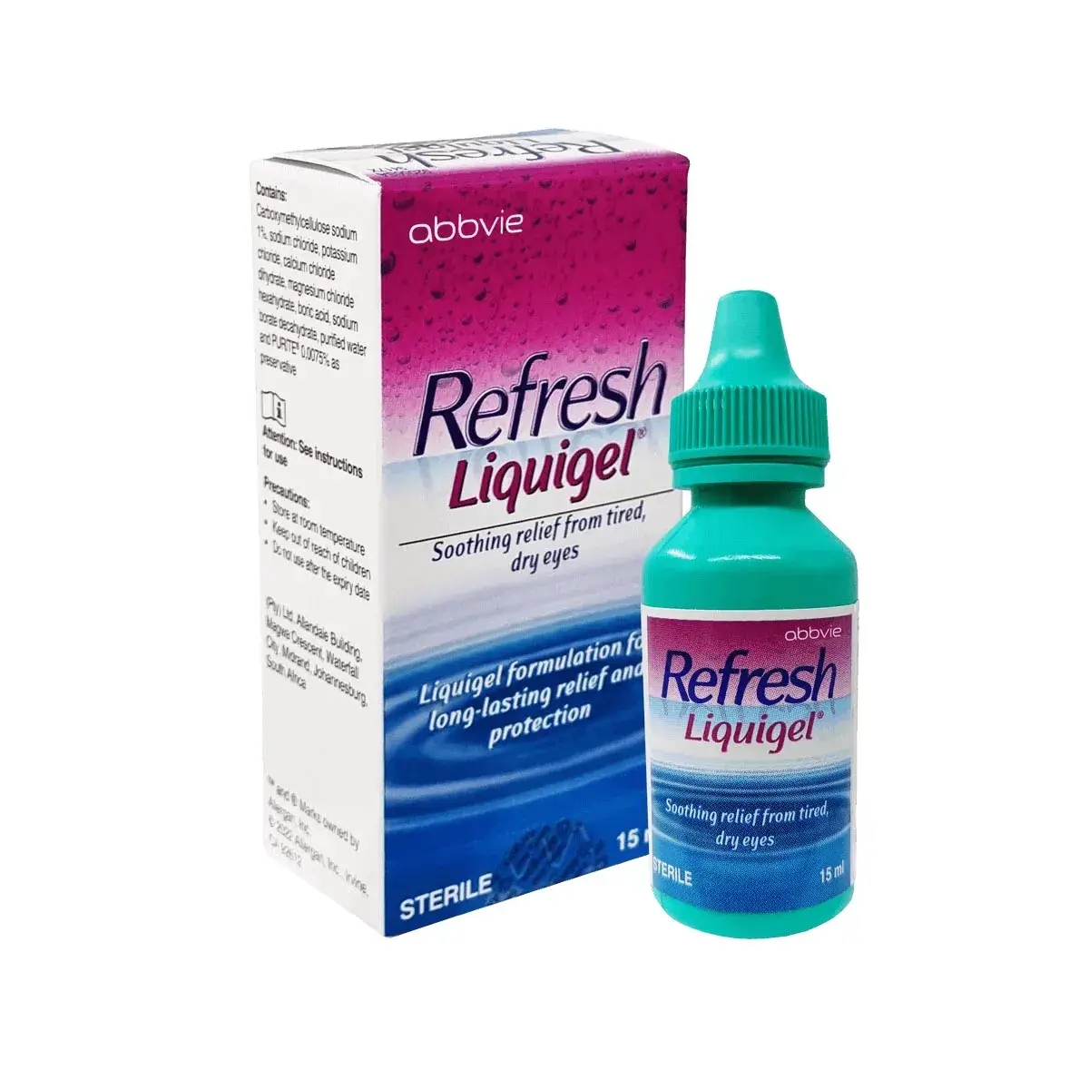 Front of Abbvie Refresh Liquigel eye drops box and bottle 15 ml