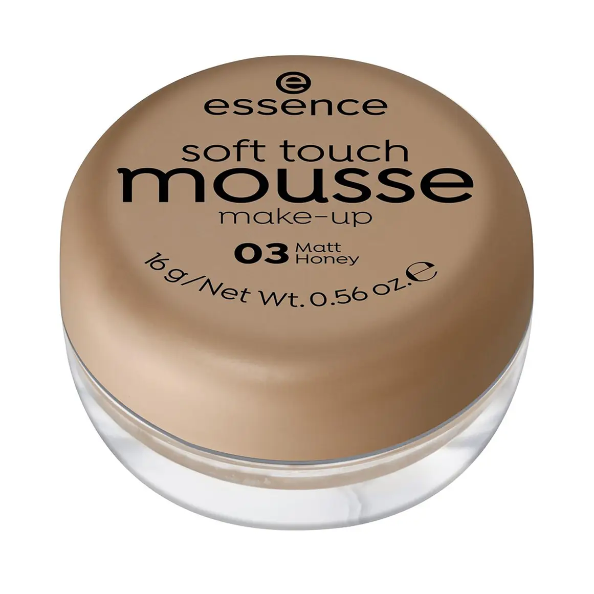 Front view of Essence Soft Touch Mousse Make-up 03 Matt Honey 16g jar