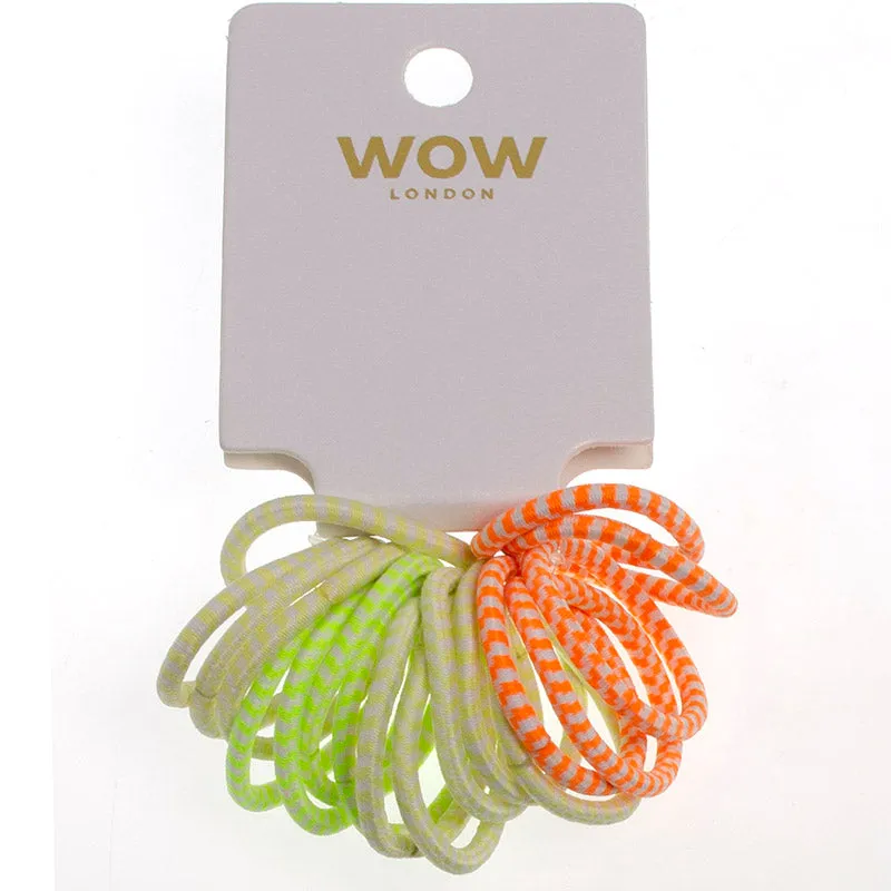 Front of WOW London hair bands pack, 15 count, green and orange striped elastics on branded card