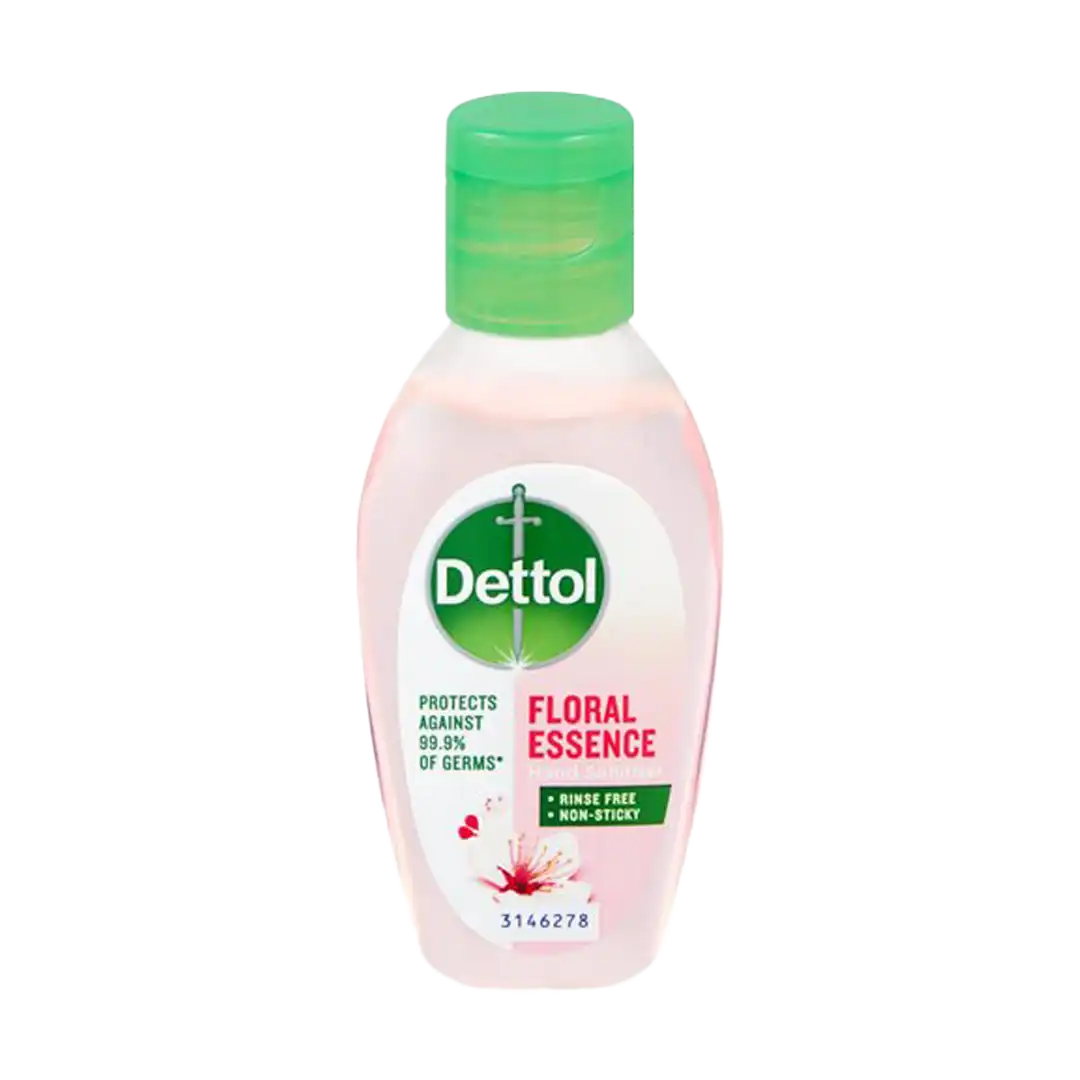 Front of Dettol Floral Essence Hand Sanitiser 50 ml bottle
