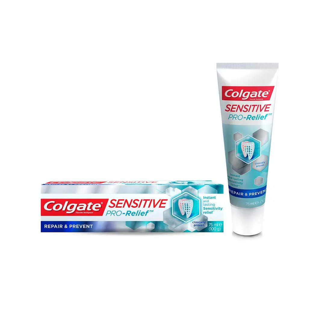 Front of Colgate Sensitive Pro-Relief toothpaste box and tube 75 ml