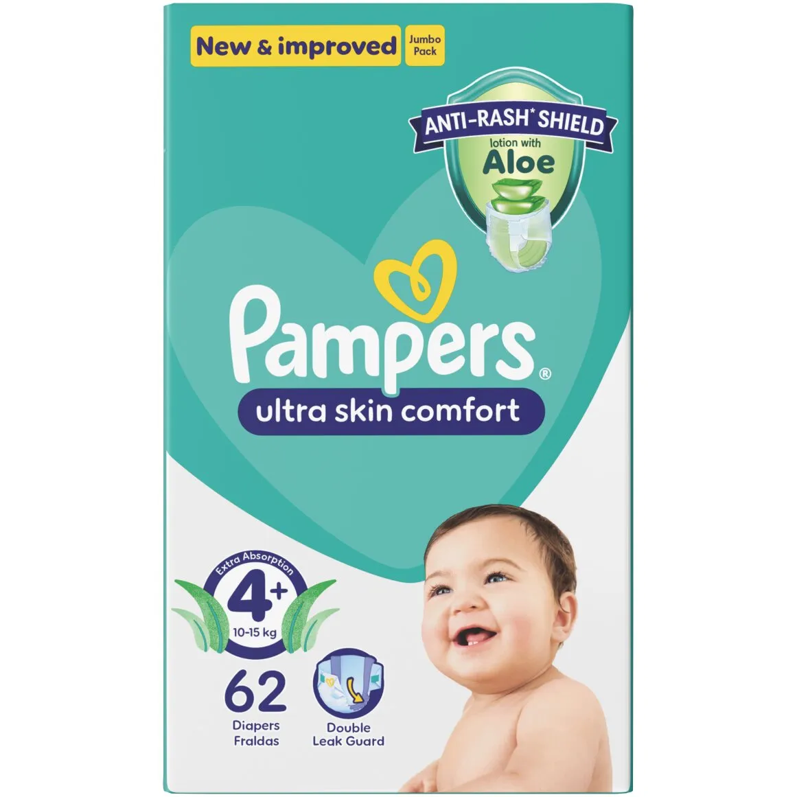 Front of Pampers Ultra Skin Comfort Size 4+ Jumbo Pack, 62 nappies