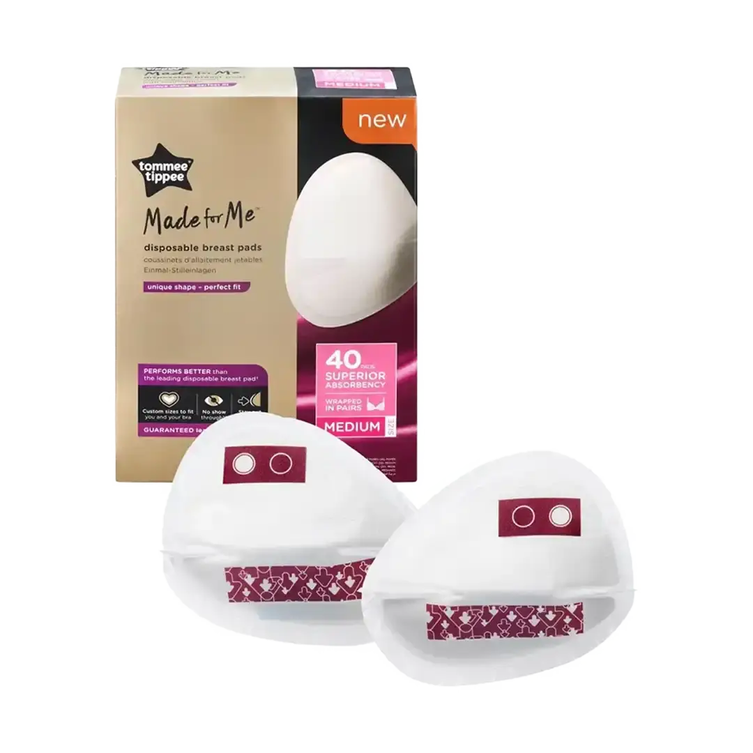 Front of Tommee Tippee Made for Me Disposable Breast Pads Medium 40's box with sample pads