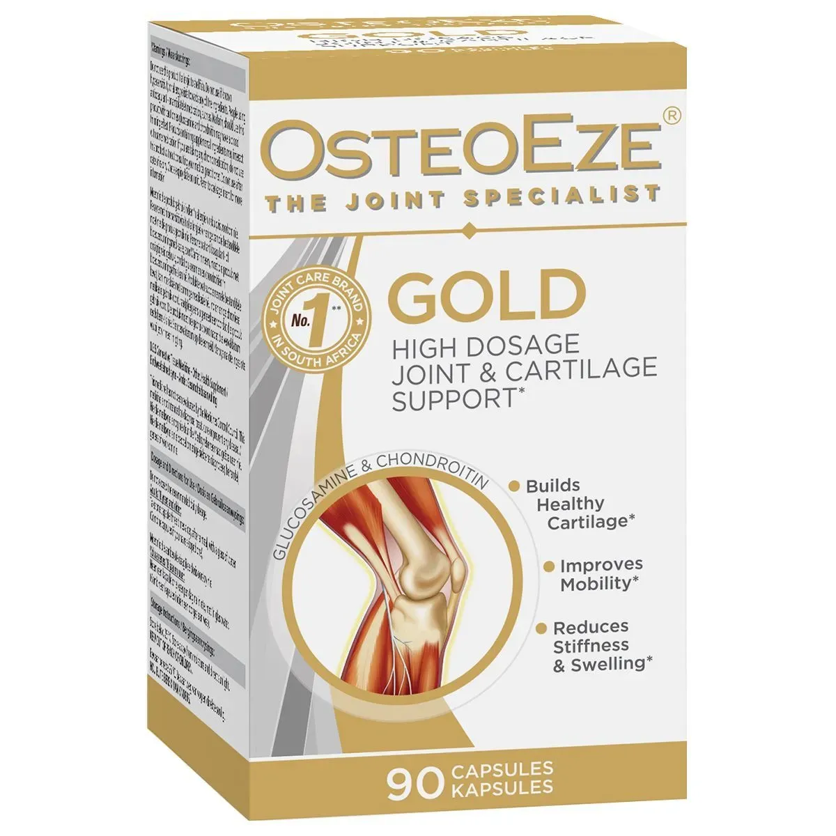 Angled front and side view of Nativa OsteoEze Gold Joint & Cartilage Support 90 capsules box on white background