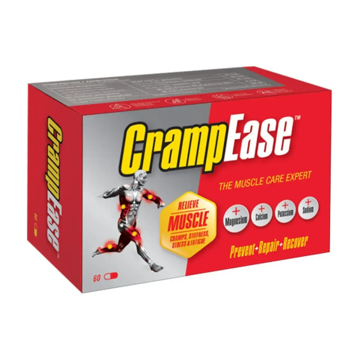 Angled view of CrampEase muscle care capsules box on white background, 60 capsules