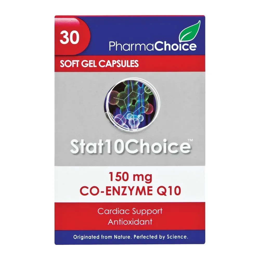 Front of PharmaChoice Stat10Choice 150mg Co-Enzyme Q10 Soft Gel Capsules, 30 capsules box