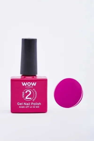 Front of WOW London Gel Nail Polish bottle with pink swatch, shade 65