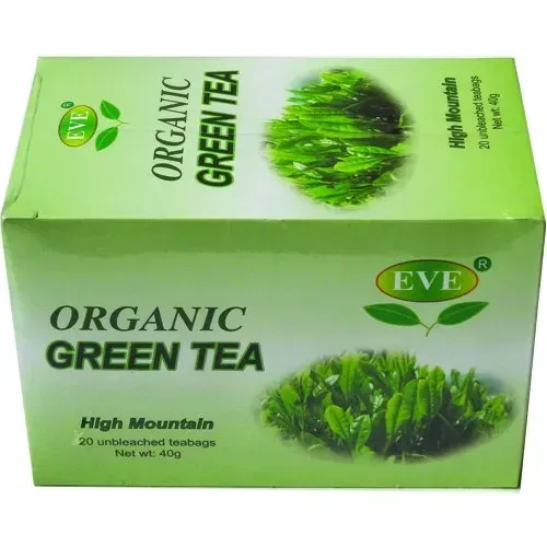 Front/angled view of EVE Organic Green Tea High Mountain box, 20 teabags