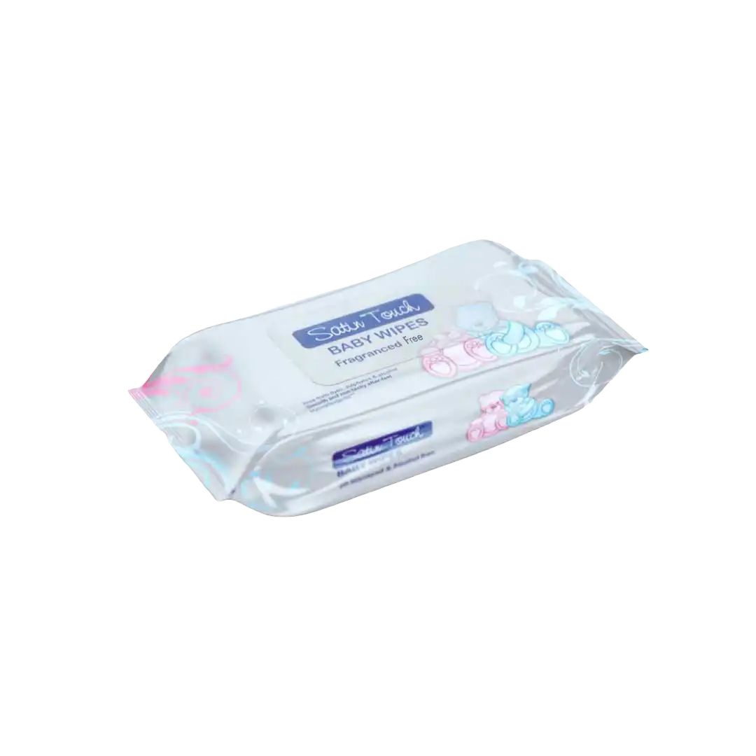 Angled view of Satin Touch Baby Wipes Fragrance Free pack, 72 wipes
