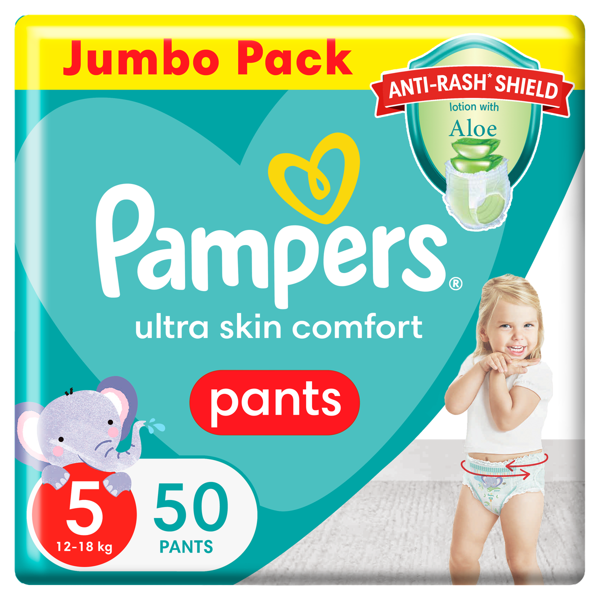 Front of Pampers Ultra Skin Comfort Pants Size 5 Junior Jumbo Pack, 50 nappy pants
