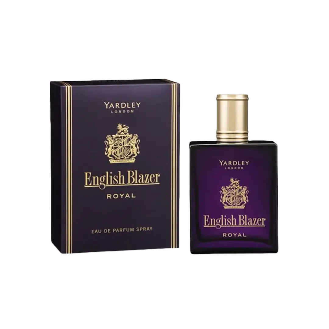 Front of Yardley English Blazer Royal EDP 50ml box and bottle, high resolution