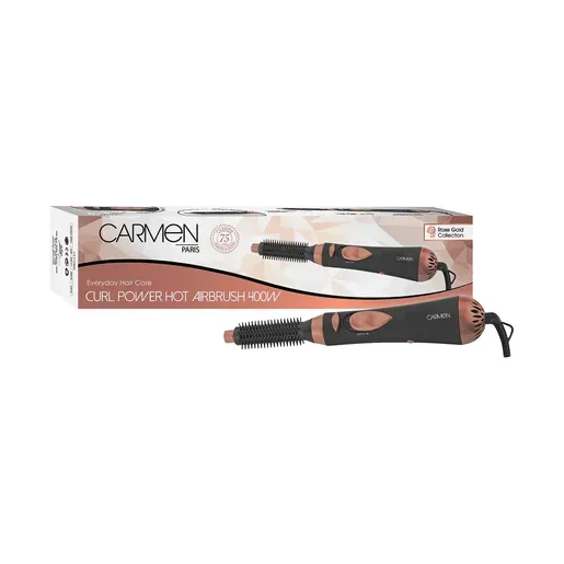 Front of Carmen Curl Power Hot Airbrush 400W box with hair styling tool