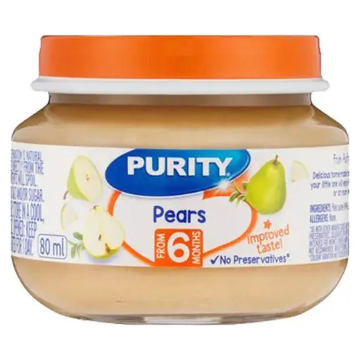 Front of Purity Pears baby food jar, 80 ml