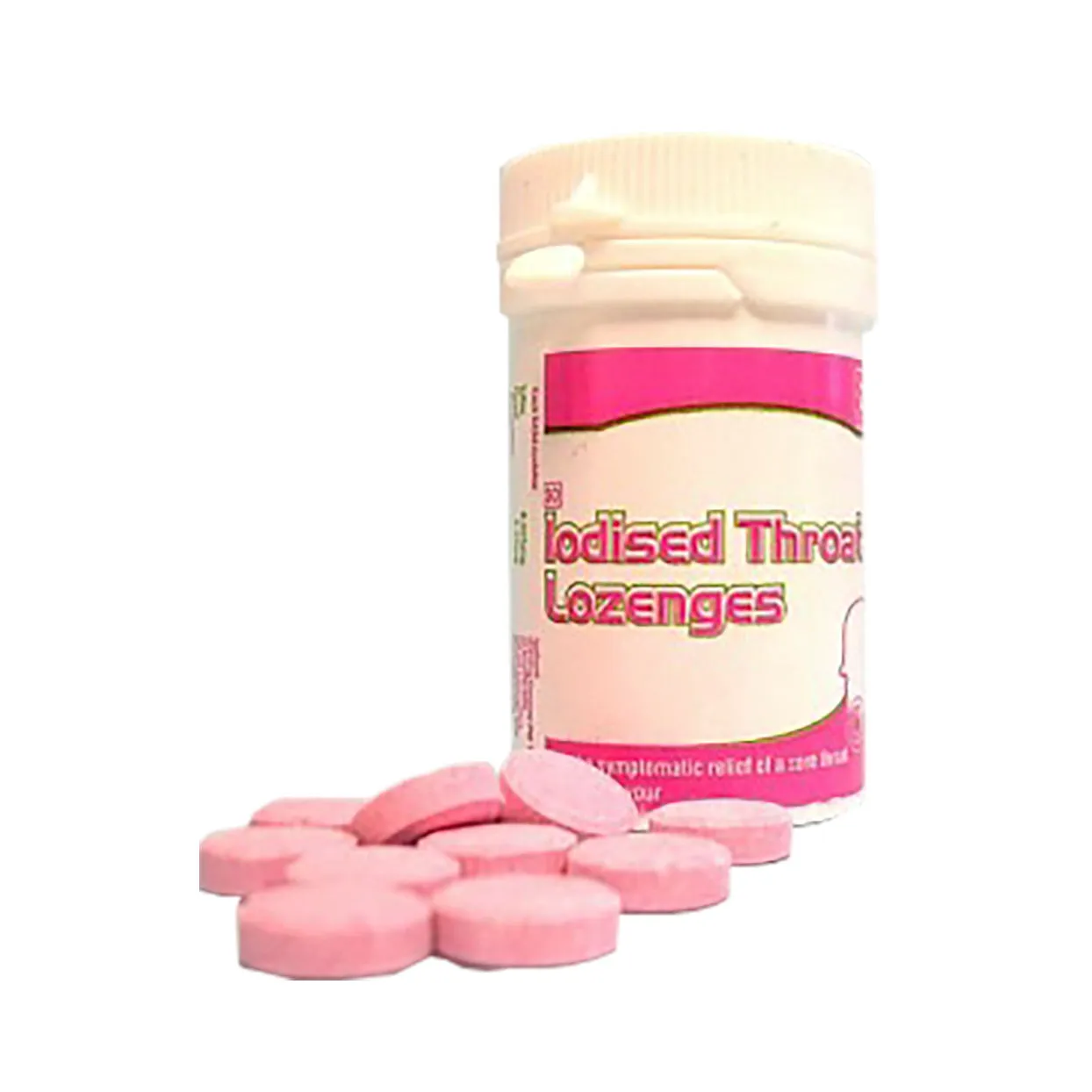 Front of Gulf Drug Company Iodised Throat Lozenges bottle with pink lozenges displayed in front