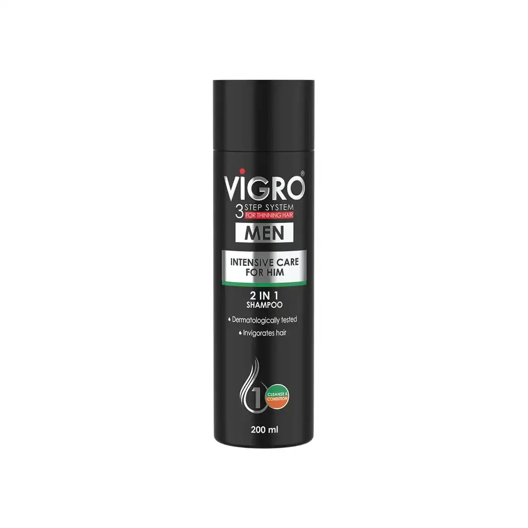 Front of Vigro Men 2 in 1 Shampoo 200 ml bottle on white background