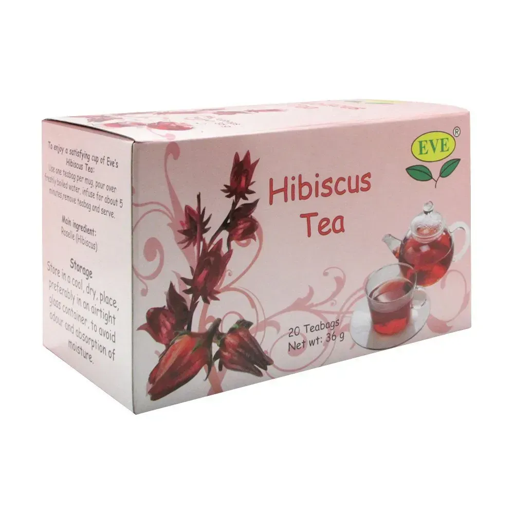 Angled view of Eve's Hibiscus Tea box, 20 teabags