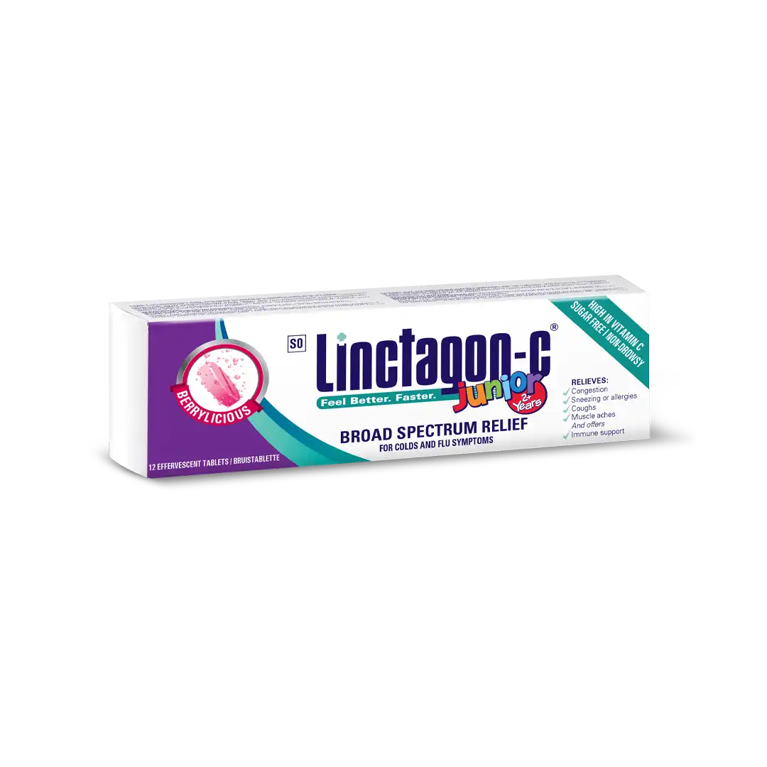 Angled front view of Nativa Linctagon-C Junior Berry 12 effervescent tablets box on white background