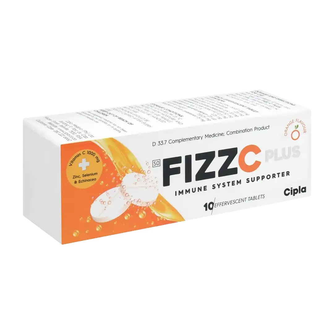 Front of Fizz C Plus Effervescent Tablets, 10's, orange flavour box by Cipla
