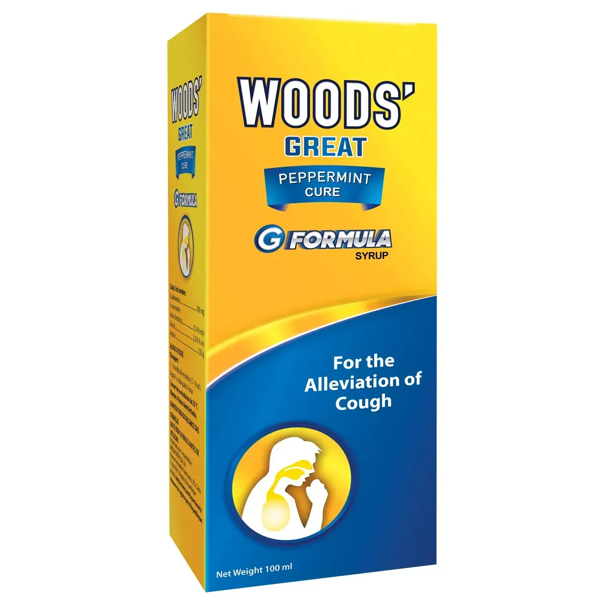 Angled front view of Woods' Great Peppermint Cure G Formula Syrup 100 ml box