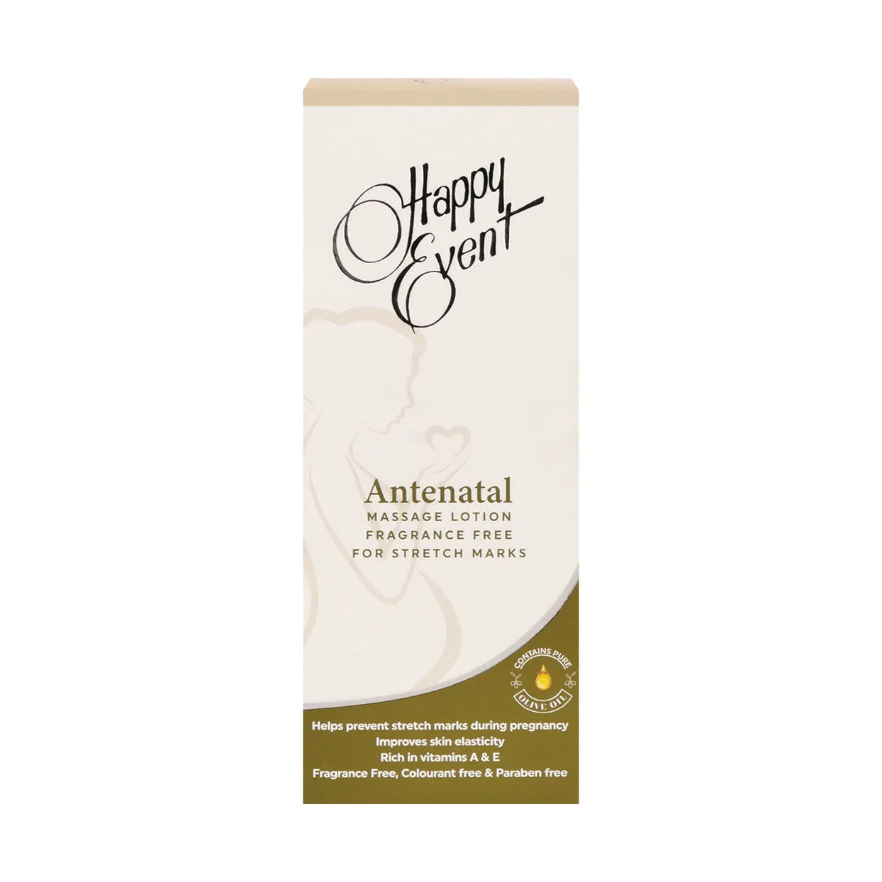 Front of Happy Event Antenatal Massage Lotion Fragrance Free 200ml box