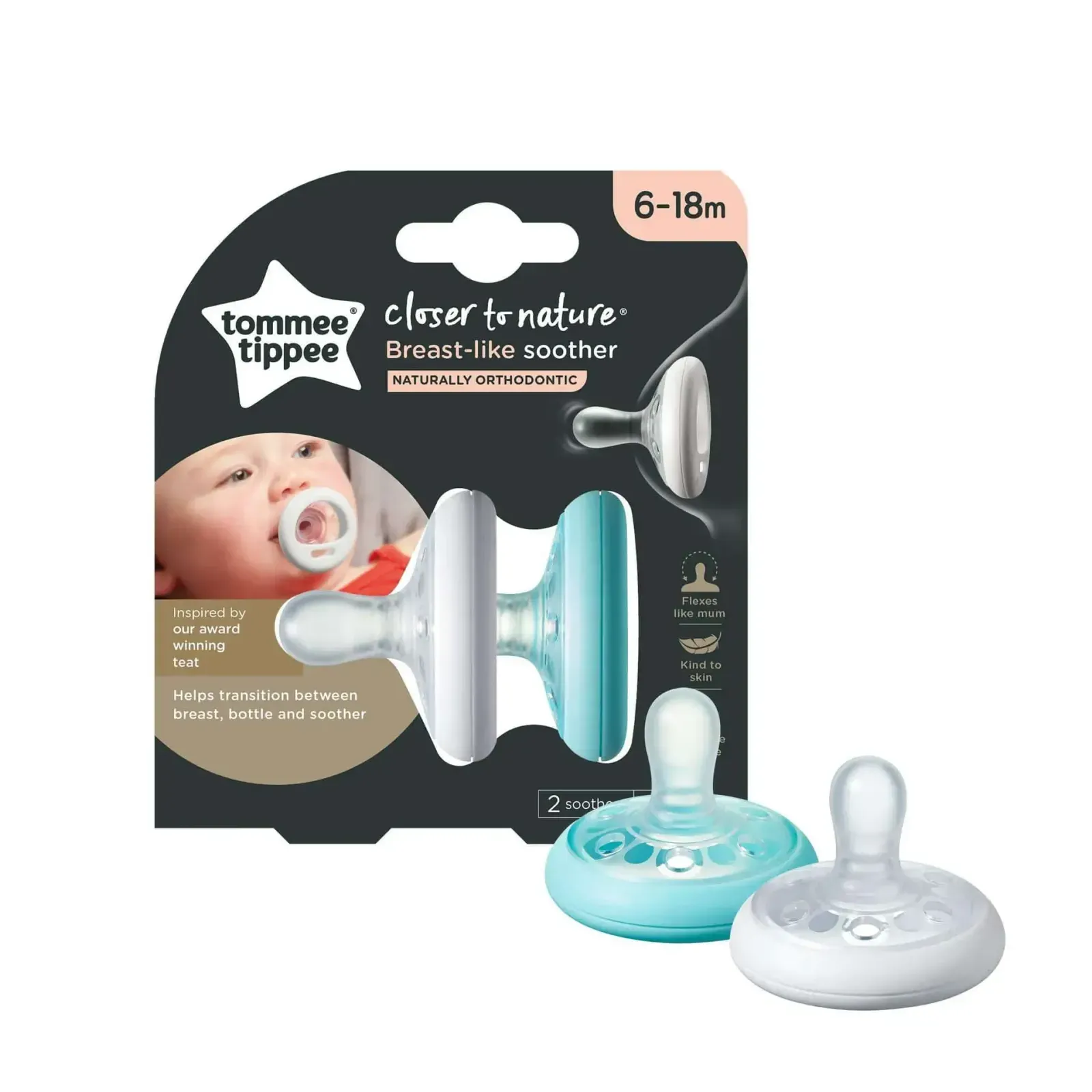 Front of Tommee Tippee Closer to Nature Breast-like Soother 6-18m, pack of 2