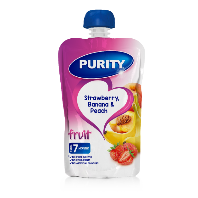 Front of Purity Fruit Pouch Strawberry, Banana & Peach 110ml