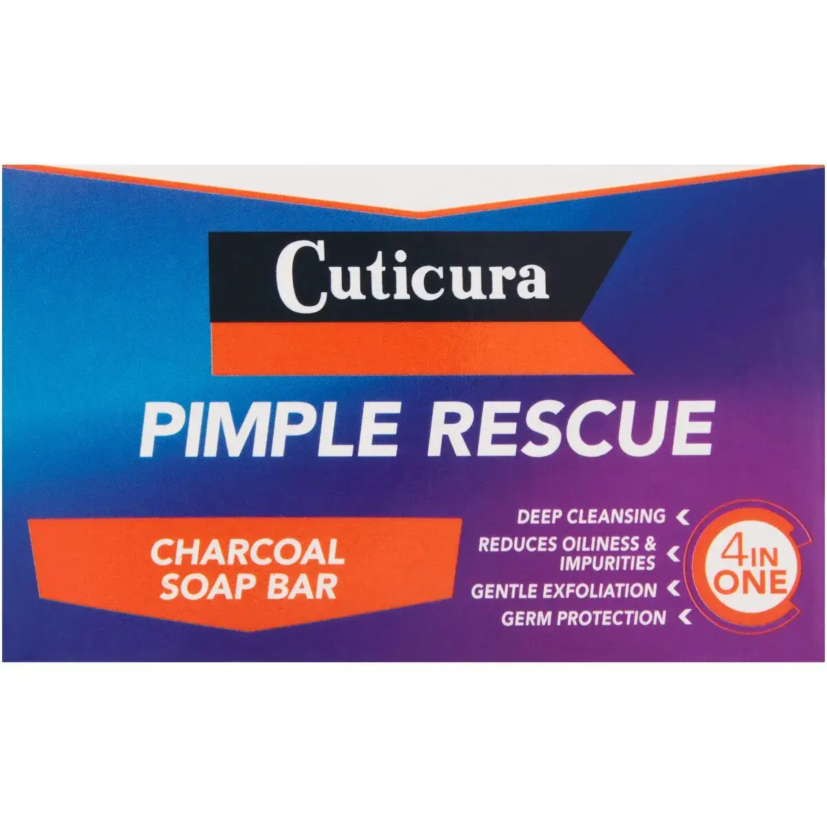 Front of Cuticura Pimple Rescue Charcoal Soap Bar 100g box on white background
