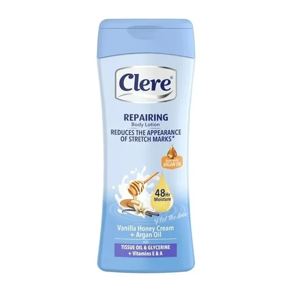 Front of Clere Repairing Body Lotion with Vanilla Honey Cream + Argan Oil, 400ml bottle